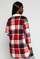 Womens Plaid Open Front Coat, Red, Size L