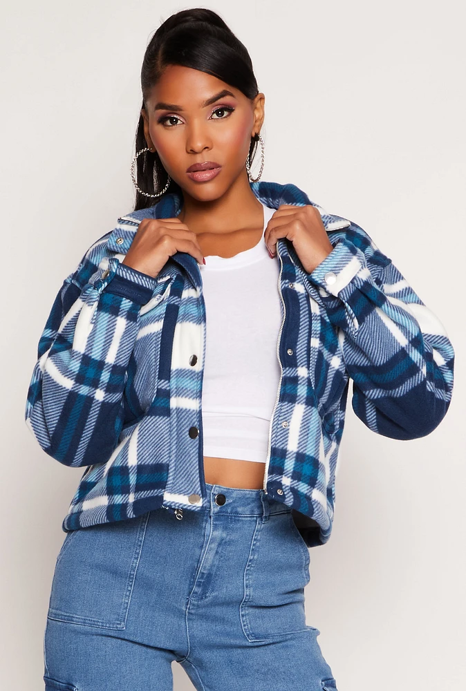 Womens Plaid Snap Button Zip Front Shacket, Blue, Size L