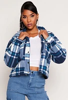 Womens Plaid Snap Button Zip Front Shacket, Blue, Size L