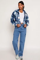 Womens Plaid Snap Button Zip Front Shacket, Blue, Size L