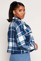 Womens Plaid Snap Button Zip Front Shacket, Blue, Size L