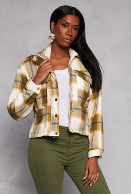 Womens Plaid Snap Button Zip Front Shacket, Green, Size S
