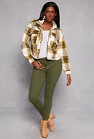 Womens Plaid Snap Button Zip Front Shacket, Green, Size S