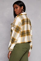 Womens Plaid Snap Button Zip Front Shacket, Green, Size S