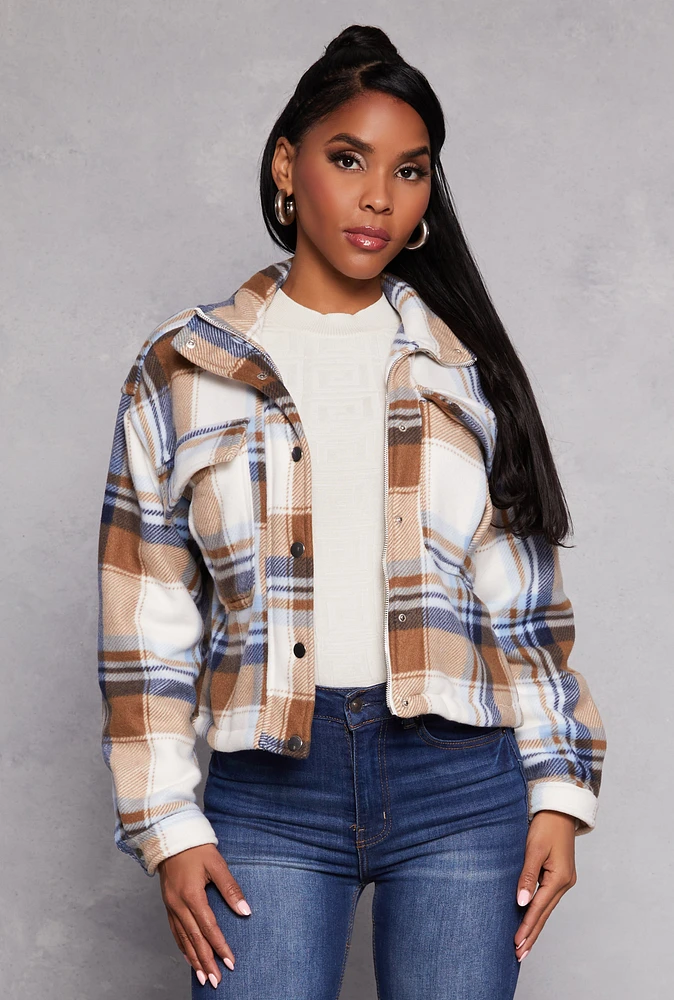 Womens Plaid Snap Button Zip Front Shacket,