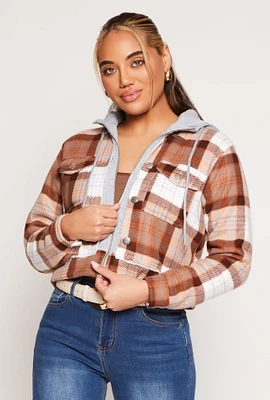 Womens Plaid Sherpa Lined Hooded Jacket, Brown, Size M