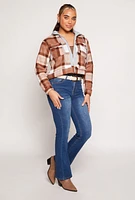 Womens Plaid Sherpa Lined Hooded Jacket, Brown, Size M
