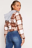 Womens Plaid Sherpa Lined Hooded Jacket, Brown, Size M