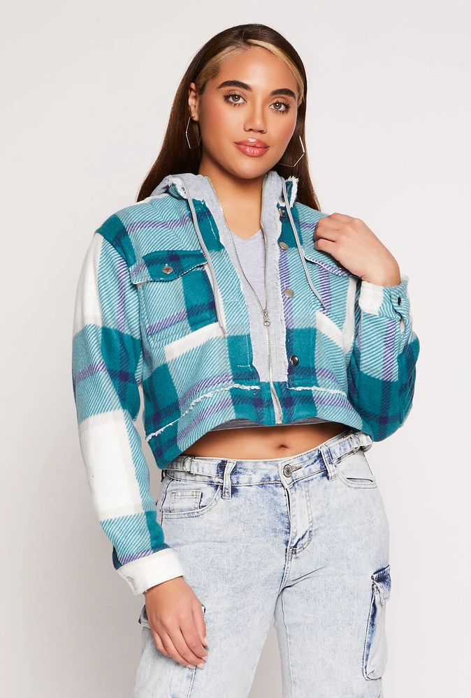 Womens Plaid Sherpa Lined Hooded Jacket, Blue, Size S
