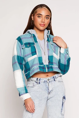 Womens Plaid Sherpa Lined Hooded Jacket, Blue, Size S