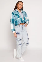 Womens Plaid Sherpa Lined Hooded Jacket, Blue, Size S