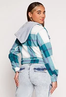 Womens Plaid Sherpa Lined Hooded Jacket, Blue, Size S
