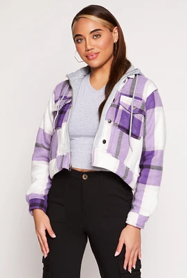 Womens Plaid Sherpa Lined Hooded Jacket, Purple, Size L