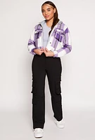 Womens Plaid Sherpa Lined Hooded Jacket, Purple, Size L