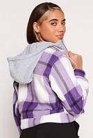 Womens Plaid Sherpa Lined Hooded Jacket, Purple, Size L
