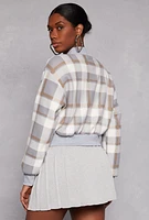 Womens Plaid Cropped Bomber Jacket,