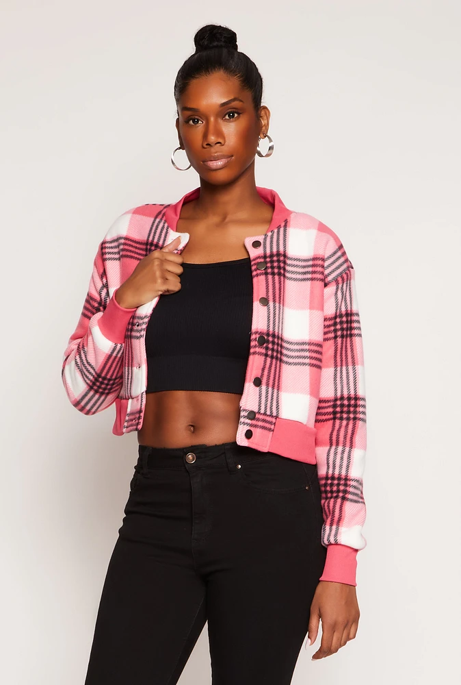 Womens Plaid Cropped Bomber Jacket, Pink, Size M