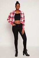 Womens Plaid Cropped Bomber Jacket, Pink, Size M