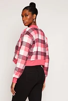 Womens Plaid Cropped Bomber Jacket, Pink, Size M