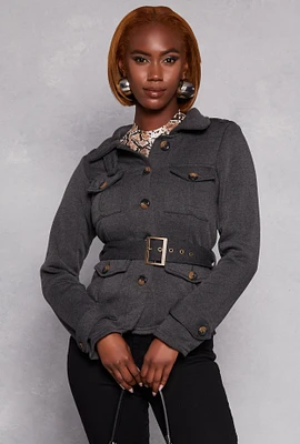 Womens Belted Button Front Jacket, Grey, Size L