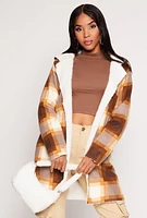 Womens Plaid Sherpa Lined Open Front Hooded Coat, Brown,