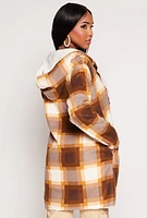 Womens Plaid Sherpa Lined Open Front Hooded Coat, Brown,