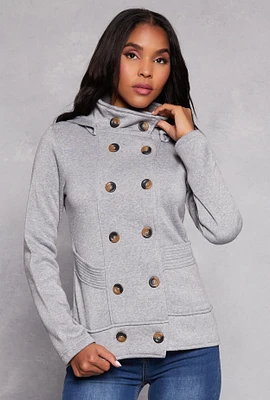 Womens Fleece Double Breasted Peacoat, Grey, Size M