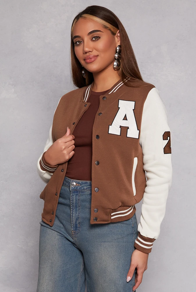 Womens A Initial Patch Fleece Varsity Jacket,