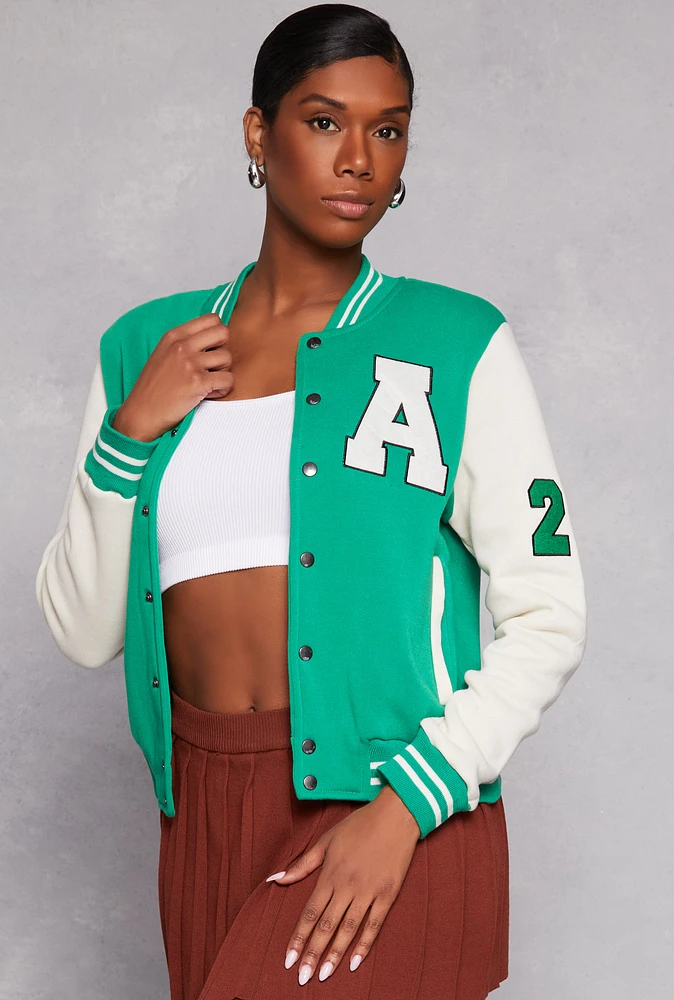 Womens A Initial Patch Fleece Varsity Jacket, Green,