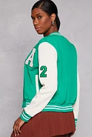 Womens A Initial Patch Fleece Varsity Jacket, Green,