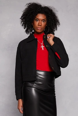 Womens Wool Button Down Cropped Jacket, Black, Size S