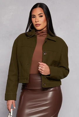 Womens Wool Button Down Cropped Jacket, Green, Size S