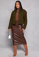 Womens Wool Button Down Cropped Jacket, Green, Size M