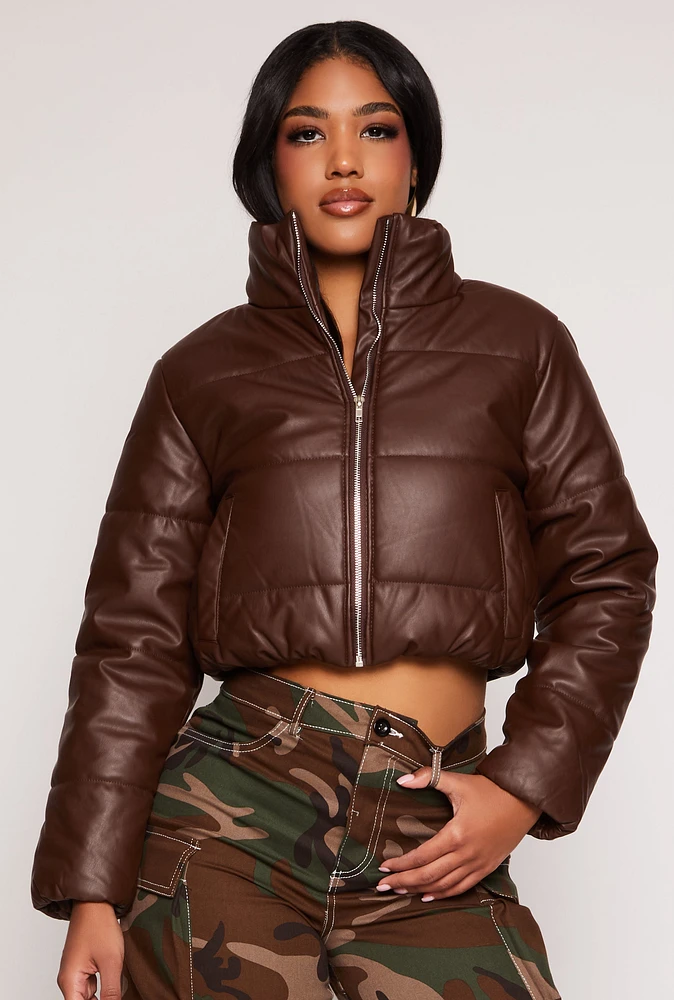 Womens Faux Leather Funnel Neck Puffer Jacket, Brown, Size S