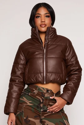 Womens Faux Leather Funnel Neck Puffer Jacket, Brown, Size S