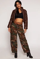 Womens Faux Leather Funnel Neck Puffer Jacket, Brown, Size S