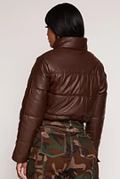 Womens Faux Leather Funnel Neck Puffer Jacket, Brown, Size S