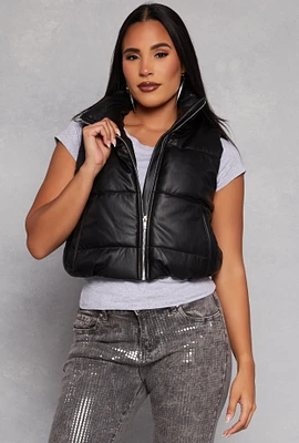 Womens Faux Leather Cropped Puffer Vest, Black, Size S