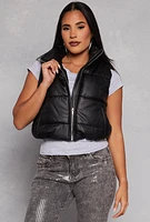 Womens Faux Leather Cropped Puffer Vest, Black, Size S