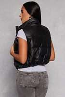 Womens Faux Leather Cropped Puffer Vest, Black, Size S