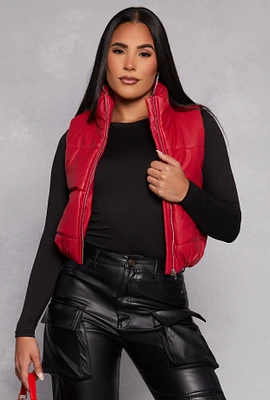 Womens Faux Leather Cropped Puffer Vest, Red, Size L