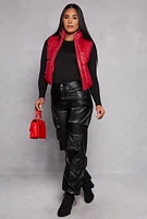 Womens Faux Leather Cropped Puffer Vest, Red, Size L