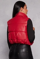 Womens Faux Leather Cropped Puffer Vest, Red, Size L