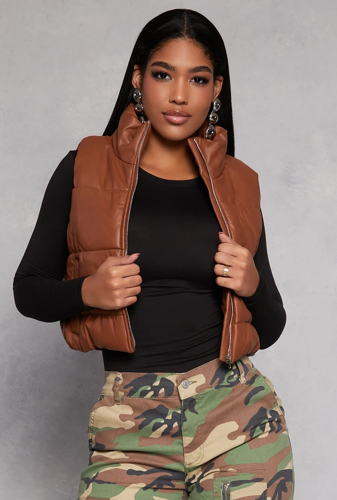 Womens Faux Leather Cropped Puffer Vest,