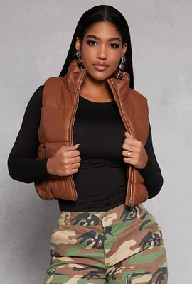 Womens Faux Leather Cropped Puffer Vest, Brown, Size S