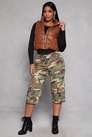 Womens Faux Leather Cropped Puffer Vest, Brown, Size S