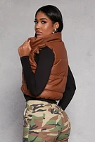 Womens Faux Leather Cropped Puffer Vest, Brown, Size S