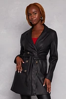 Womens Faux Leather Tie Waist Belted Coat, Black, Size L