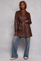 Womens Faux Leather Tie Waist Belted Coat, Brown, Size L