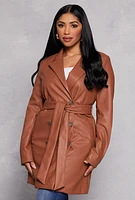 Womens Faux Leather Tie Waist Belted Coat, Brown, Size S